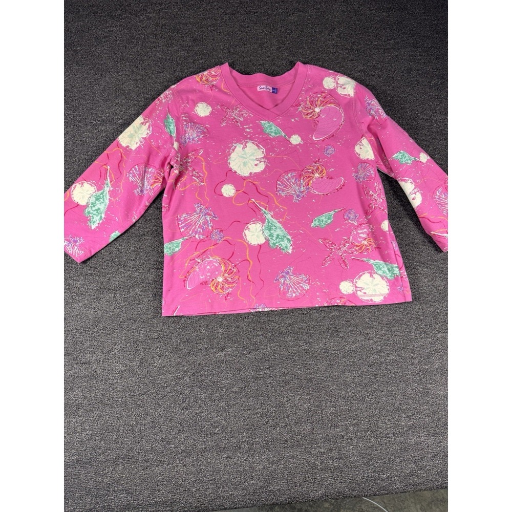 Vintage Sun Bay 3/4 Sleeve Ocean Theme Pink Shirt Pocket On Sleeve - Shells -med